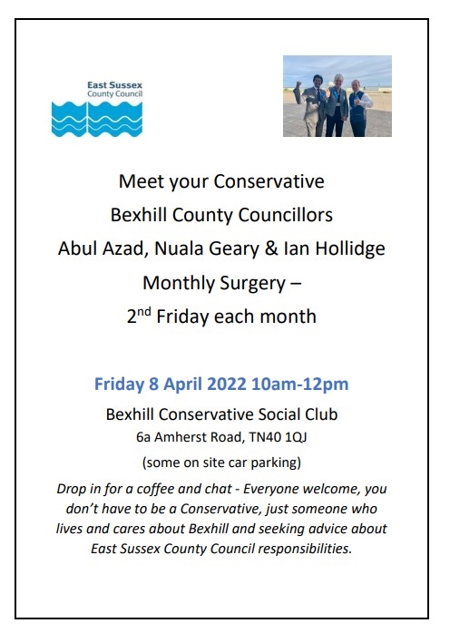 Friday 8 April 2022 10am-12pm Bexhill Conservative Social Club